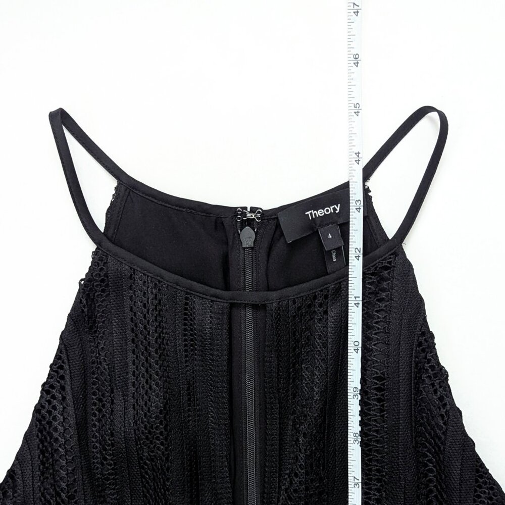 Theory Pleated Lace Midi Dress Size 4 Mod Black High Neck Halter Keyhole - Picture 11 of 14
